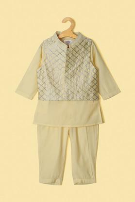 solid blended regular fit boys kurta pyjama jacket set - yellow