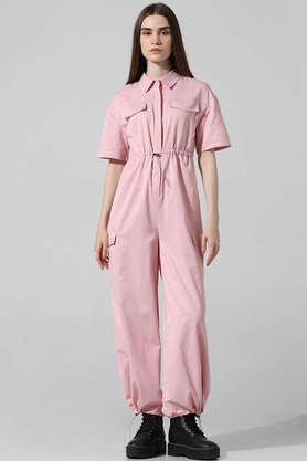 solid blended regular fit women's jumpsuit - pink