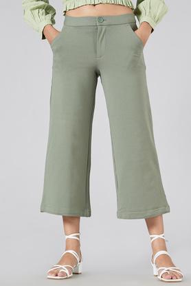 solid blended regular fit womens casual wear pants - olive