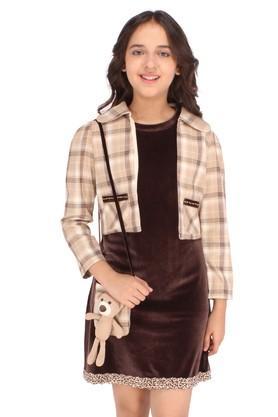 solid blended round neck girls casual dress - brown