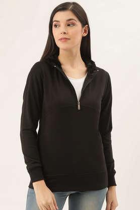 solid blended round neck women's jacket - black