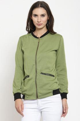 solid blended round neck women's jacket - olive