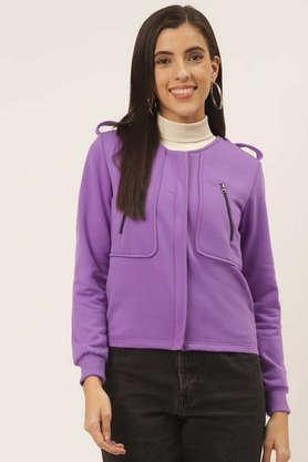 solid blended round neck women's jacket - violet