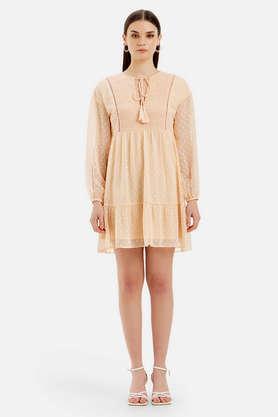 solid blended round neck women's mini dress - peach