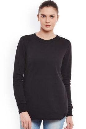 solid blended round neck women's sweatshirt - black