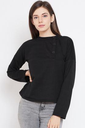solid blended round neck women's sweatshirt - black