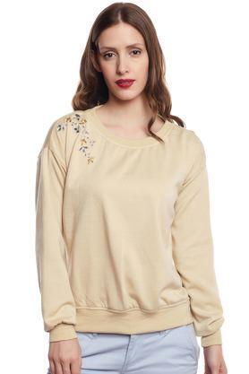 solid blended round neck women's sweatshirt - brown