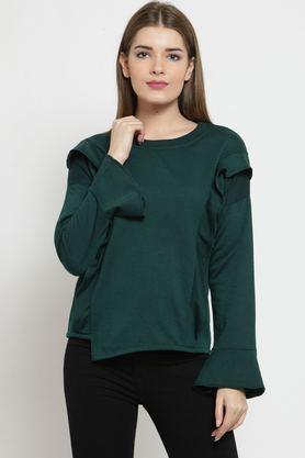 solid blended round neck women's sweatshirt - green