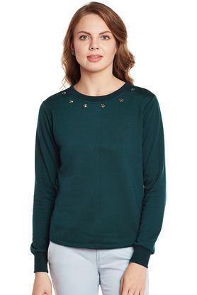 solid blended round neck women's sweatshirt - green