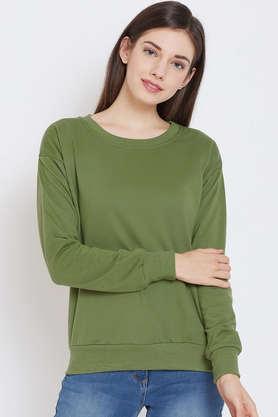 solid blended round neck women's sweatshirt - olive