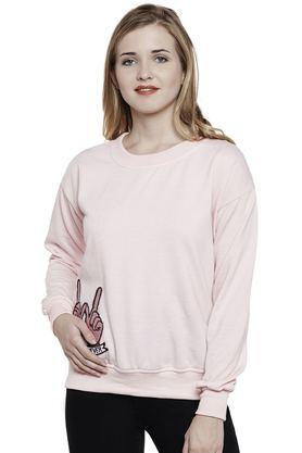 solid blended round neck women's sweatshirt - pink