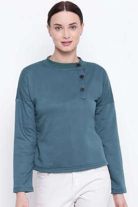 solid blended round neck women's sweatshirt - teal