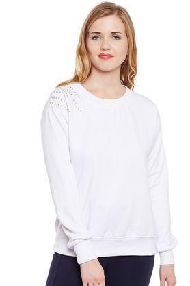 solid blended round neck women's sweatshirt - white