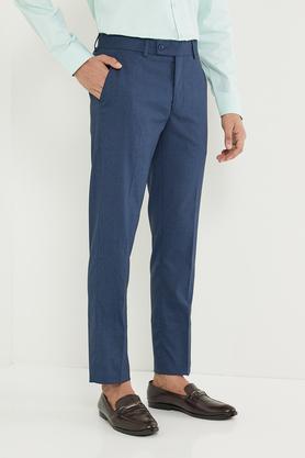 solid blended slim fit men's formal trouser - blue