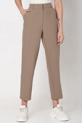 solid blended slim fit women's trousers - brown