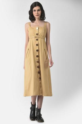 solid blended square neck women's midi dress - khaki