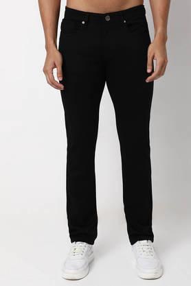 solid blended straight fit men's casual trousers - black