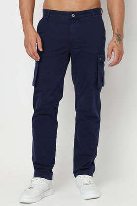 solid blended straight fit men's casual trousers - blue