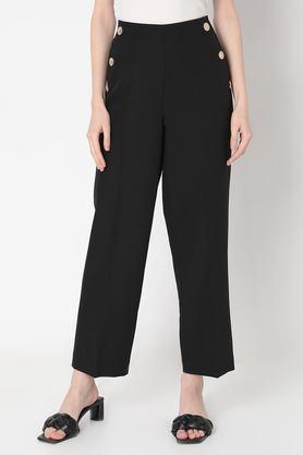 solid blended straight fit women's trousers - black