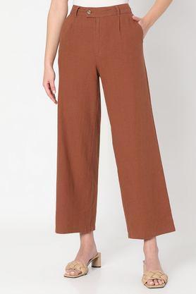solid blended straight fit women's trousers - brown