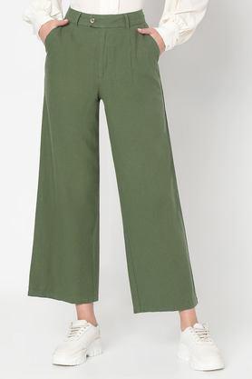 solid blended straight fit women's trousers - green