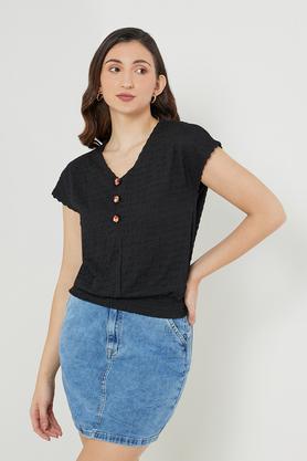 solid blended v neck women's top - black