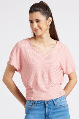 solid blended v neck women's top - peach