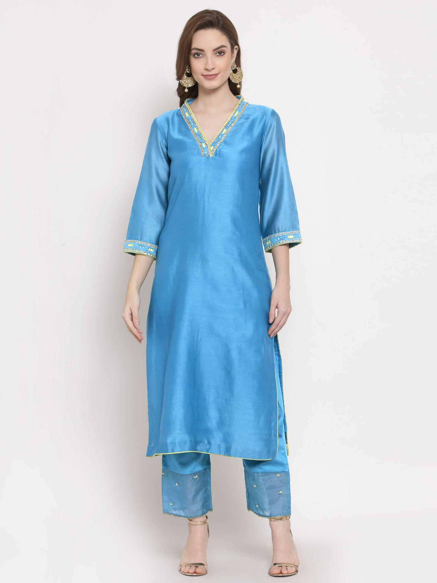 solid blue ceri straight kurta