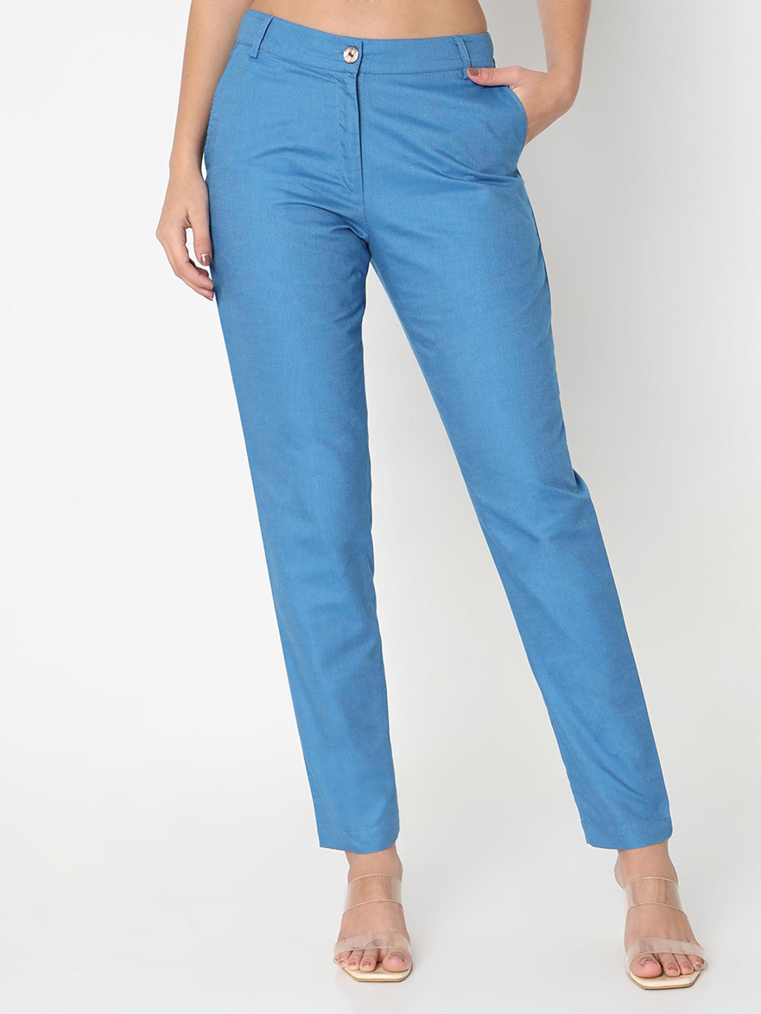 solid blue mid waist straight fit trouser