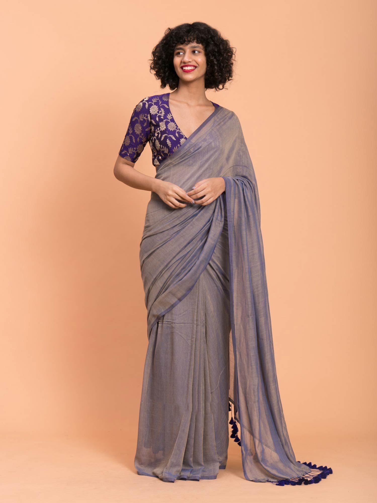 solid blue mul modal saree without blouse