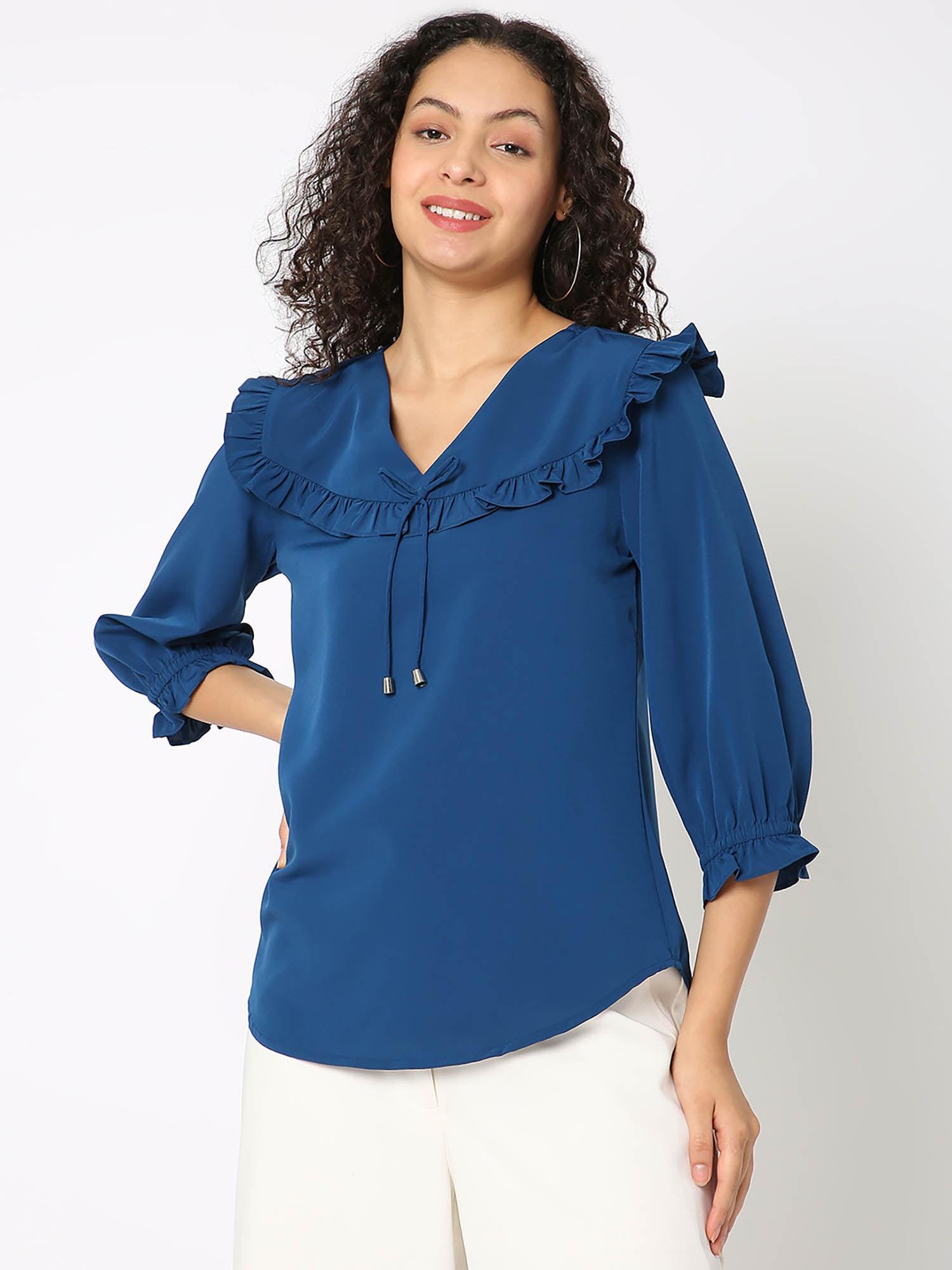 solid blue three fourth sleeves top with detailing