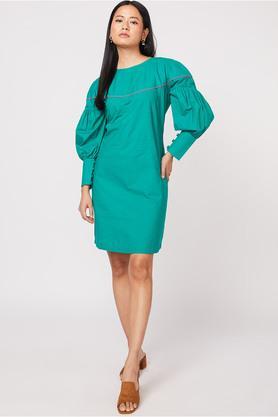 solid boat neck cotton women's a line fit mini dress - green