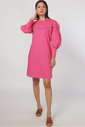 solid boat neck cotton women's a line fit mini dress - pink