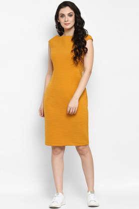 solid boat neck polyester women's knee length dress - mustard