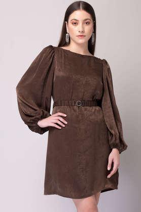 solid boat neck satin women's midi dress - brown