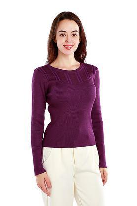 solid boat neck viscose women's casual wear sweatshirt - purple