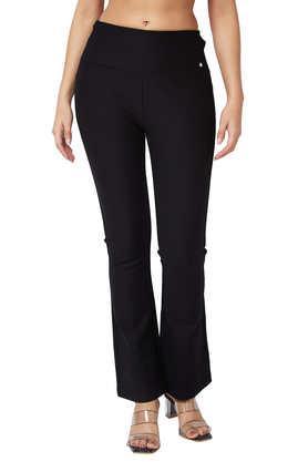 solid bootcut fit blended fabric women's casual wear trousers - black