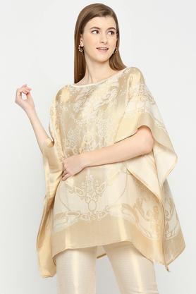 solid brocade boat neck women's poncho - ivory