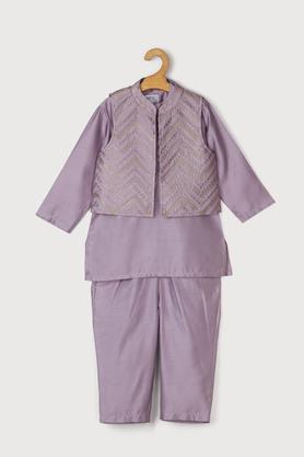 solid brocade regular fit boys kurta pyjama jacket set - lavender