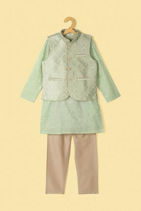 solid brocade regular fit boys kurta pyjama jacket set - mint
