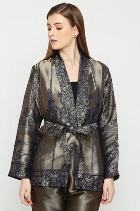 solid brocade relaxed fit women's casual jacket - navy