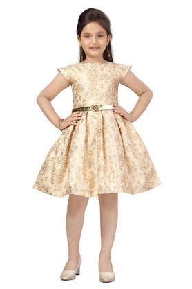 solid brocade round neck girls party wear dress - fawn