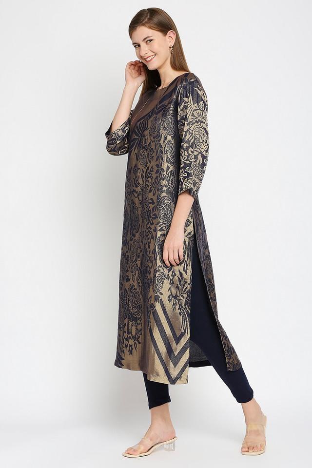 solid brocade round neck womens kurti