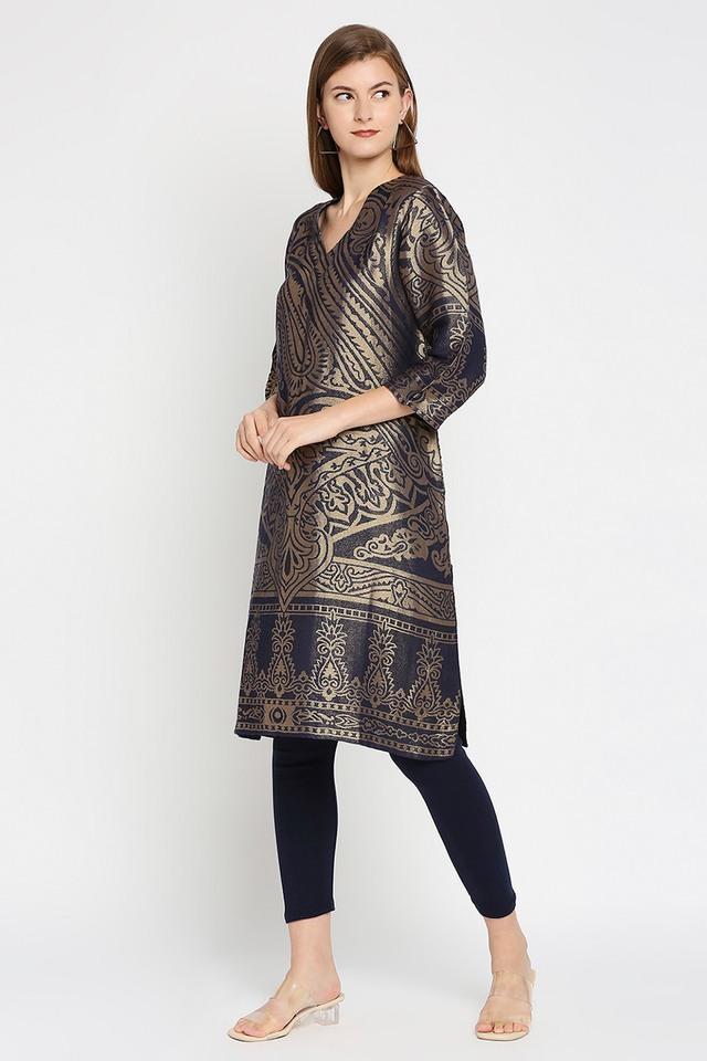 solid brocade v neck womens kurti