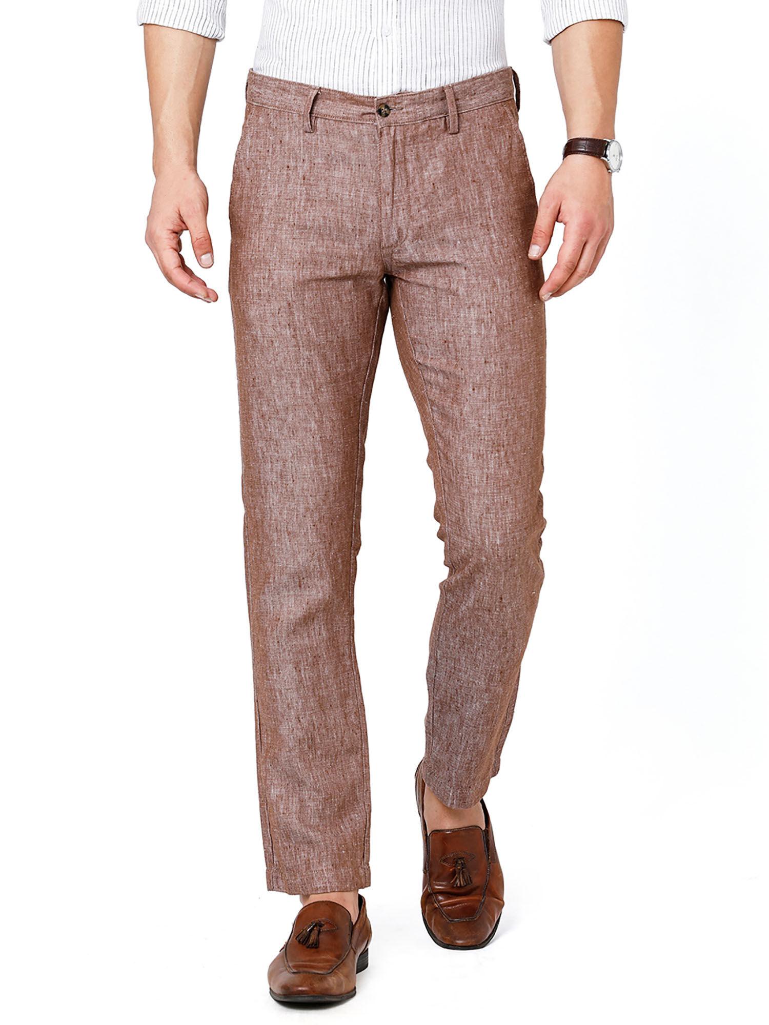 solid brown casual mid-rise active waist trouser for men