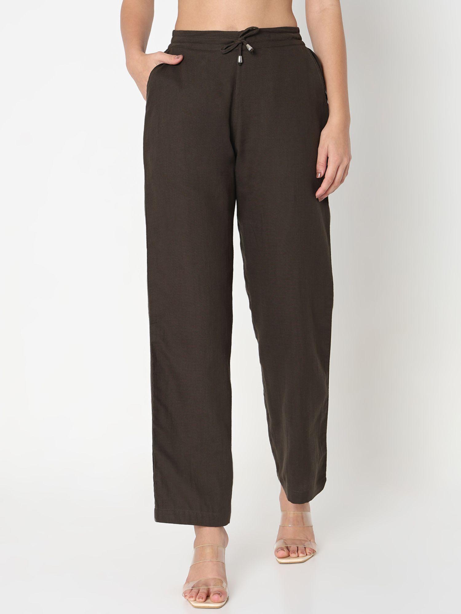 solid brown mid waist drawstring straight pant