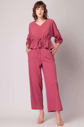 solid buttoned crepe top and pants co-ord set - pink