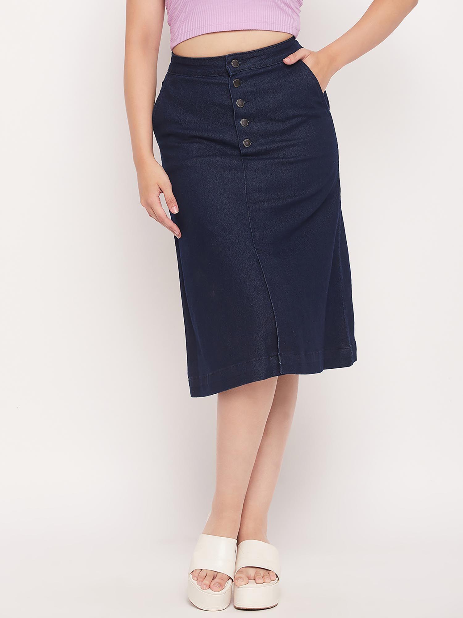 solid buttoned navy denim midi skirt