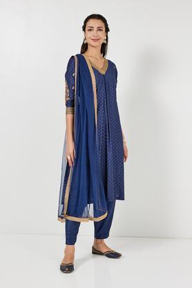 solid calf length blended fabric woven women's a line kurta pant dupatta set - navy