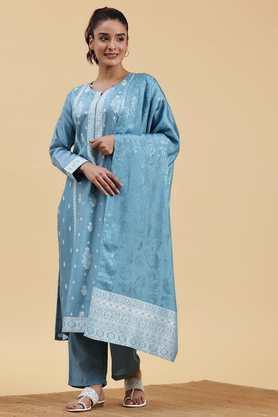 solid calf length blended fabric woven women's kurta set - blue